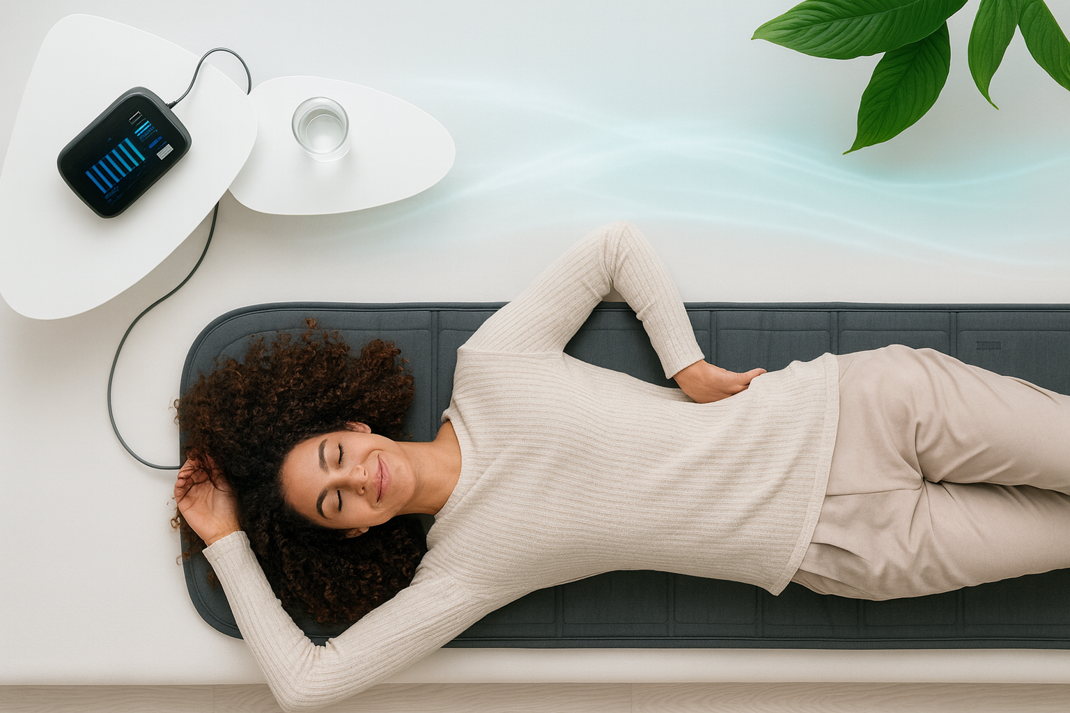 Sproščena oseba med BEMER terapijo v sodobnem ambientu